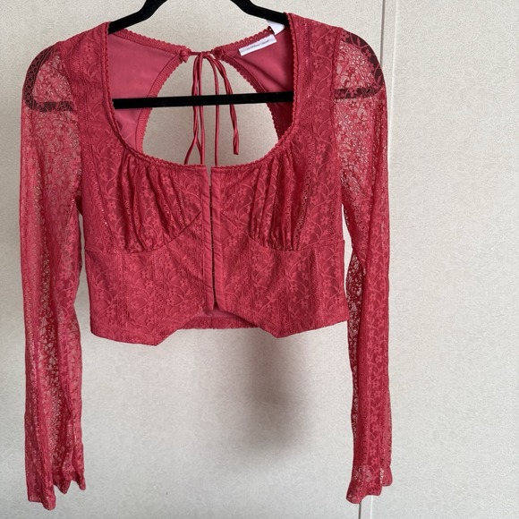 willow root Tops - Willow Root Pink Floral Corset Cropped Lace Top Tie Back Women's Size Small